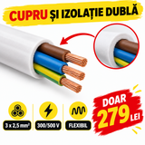 Cablu Electric de Curent 3 x 2,5 mm², Cupru, 100 m, Izolație PVC Dublu Strat – pentru Prize și Iluminat