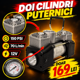 Compresor Auto 12V cu 2 Cilindri, 70 L/min, 150 PSI, cu Lanternă și Kit Reparație Pană – pentru Umflat Roți