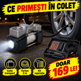 Compresor Auto 12V cu 2 Cilindri, 70 L/min, 150 PSI, cu Lanternă și Kit Reparație Pană – pentru Umflat Roți
