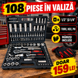 Trusă Chei Tubulare 108 Piese din Crom Vanadiu, 1/2" și 1/4", cu Clichet și Valiză – pentru Auto și Bricolaj