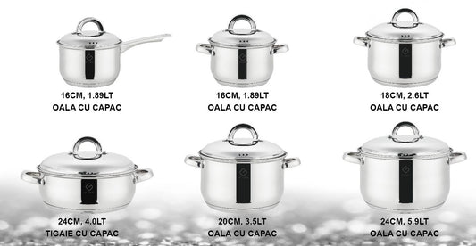Set 12 piese , 6 vase din inox, compatibile cu plita cu inductie, cu capace din inox, Grunberg GR1512
