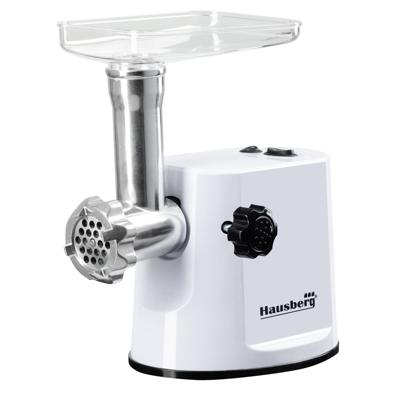 Mașină de tocat carne Hausberg HB-3415AB, 3 site din inox, accesorii pentru cârnați și kebbe, alb