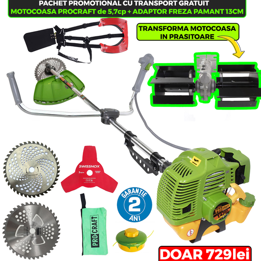 Pachet PROMO: Motocoasa pe benzina ProCraft T4200 PRO de 5,7CP + ADAPTOR FREZA PAMANT de 13cm