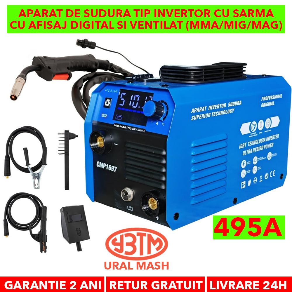 Aparat de sudura tip Invertor cu sarma 495A, MMA/MIG/MAG (TIG LIFT optional) afisaj digital, ventilat, URAL MASH IGBT TEHNOLOGY ULTRA HYBRID POWER, CMP1697