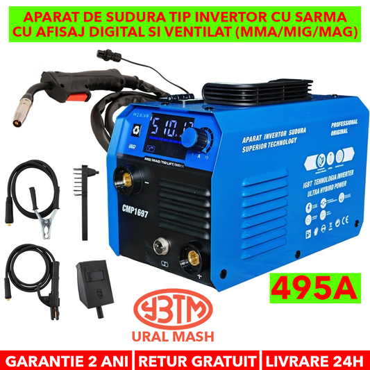 Aparat de sudura tip Invertor cu sarma 495A, MMA/MIG/MAG (TIG LIFT optional) afisaj digital, ventilat, URAL MASH IGBT TEHNOLOGY ULTRA HYBRID POWER, CMP1697