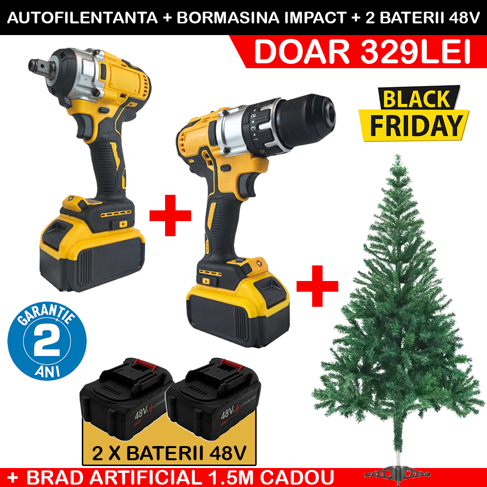 BLACK FRIDAY 2025: Autofilentanta + Bormașină cu Impact (2 baterii 48V) + Brăduț Artificial 1.5m CADOU