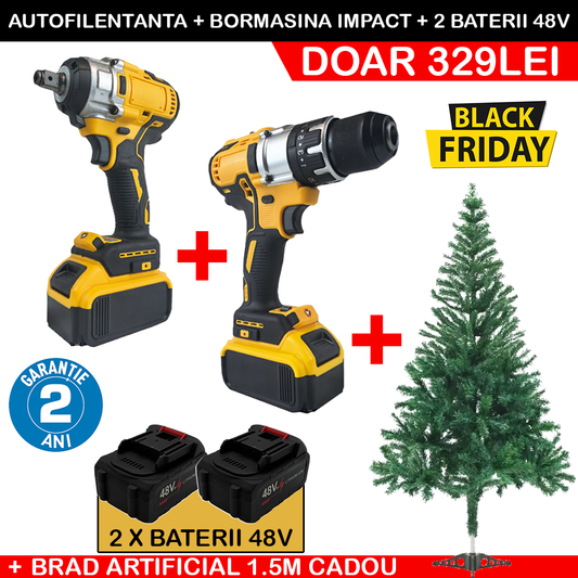 BLACK FRIDAY 2025: Autofilentanta + Bormașină cu Impact (2 baterii 48V) + Brăduț Artificial 1.5m CADOU