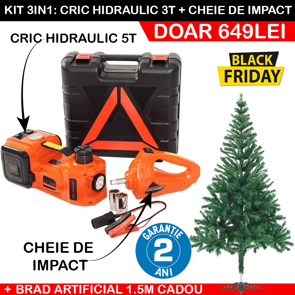 BLACK FRIDAY 2025: Kit cric hidraulic cu compresor si cheie electrica cu impact, 3 Tone, A12 V + Brad Artificial CADOU