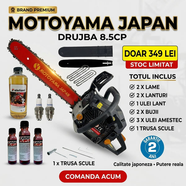 Pachet PROMO: Drujba pe benzina Motoyama Japan 8.5CP + 2 lame + 2 lanturi + 2 bujii + 1 sticla ulei