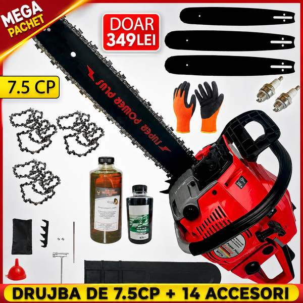 MEGA PACHET: Drujba Profi Tec Super POWER Plus 7.5CP + 3 lame + 3 lanturi + 2 bujii + 1l Ulei Lant + 0.5l Ulei Amestec + trusa scule + CADOU manusi de lucru