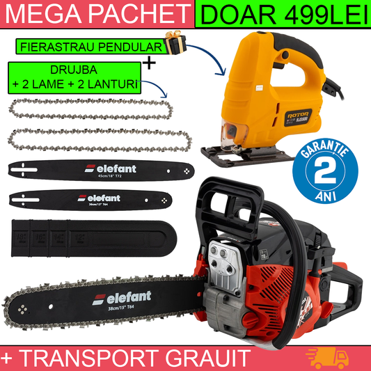 MEGA Pachet: Drujba pe benzina ELEFANT EM-5.5 + Fierastrau pendular ROTOR RJS600 de 600 W