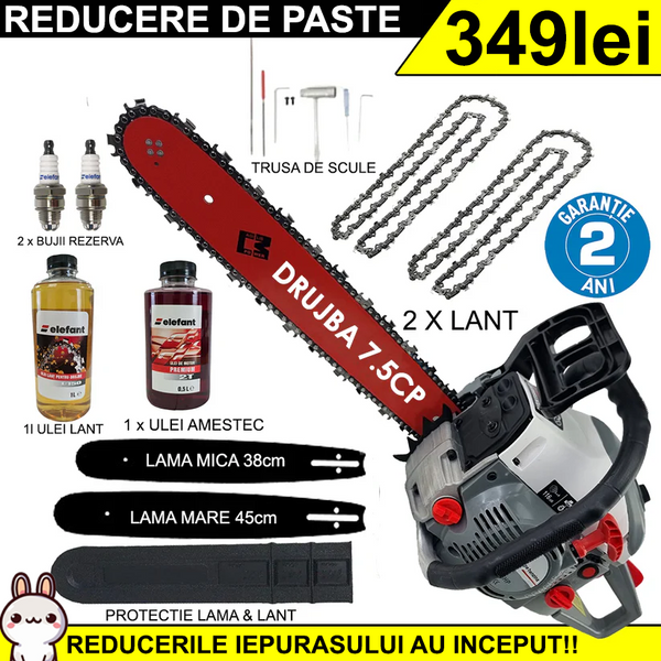 Pachet PROMO: Drujba pe benzina Campion Gray 7,5CP + 2 lame + 2 lanturi + 2 bujii + 1 sticla ulei lant + 1 sticla ulei amestec