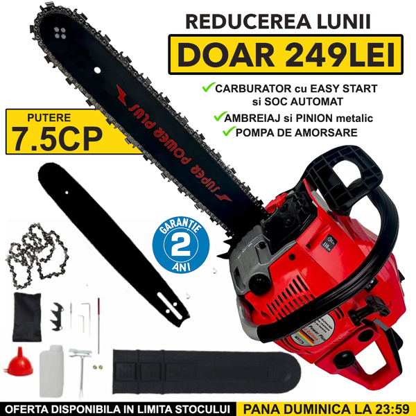 MEGA REDUCERE: Drujba Profi Tec Super POWER Plus 7.5CP + lama + lant + trusa scule + bidon amestec