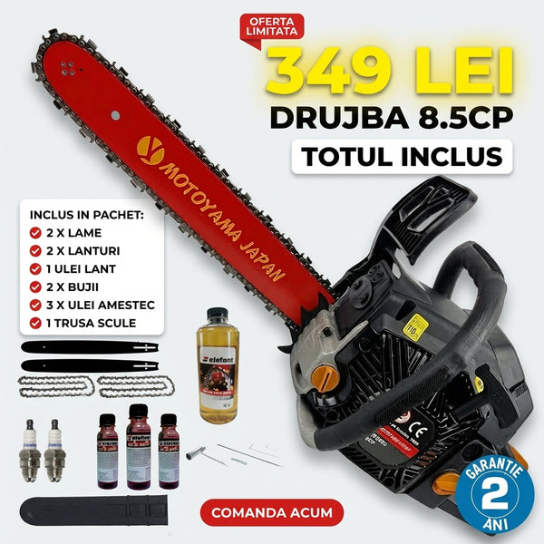 Pachet PROMO: Drujba pe benzina Motoyama Japan 8.5CP + 2 lame + 2 lanturi + 2 bujii + 1 sticla ulei