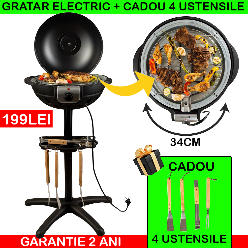 Grătar Electric Hausberg HB540, 1600W, Plită Antiaderentă, Capac cu Termometru, Accesorii Incluse