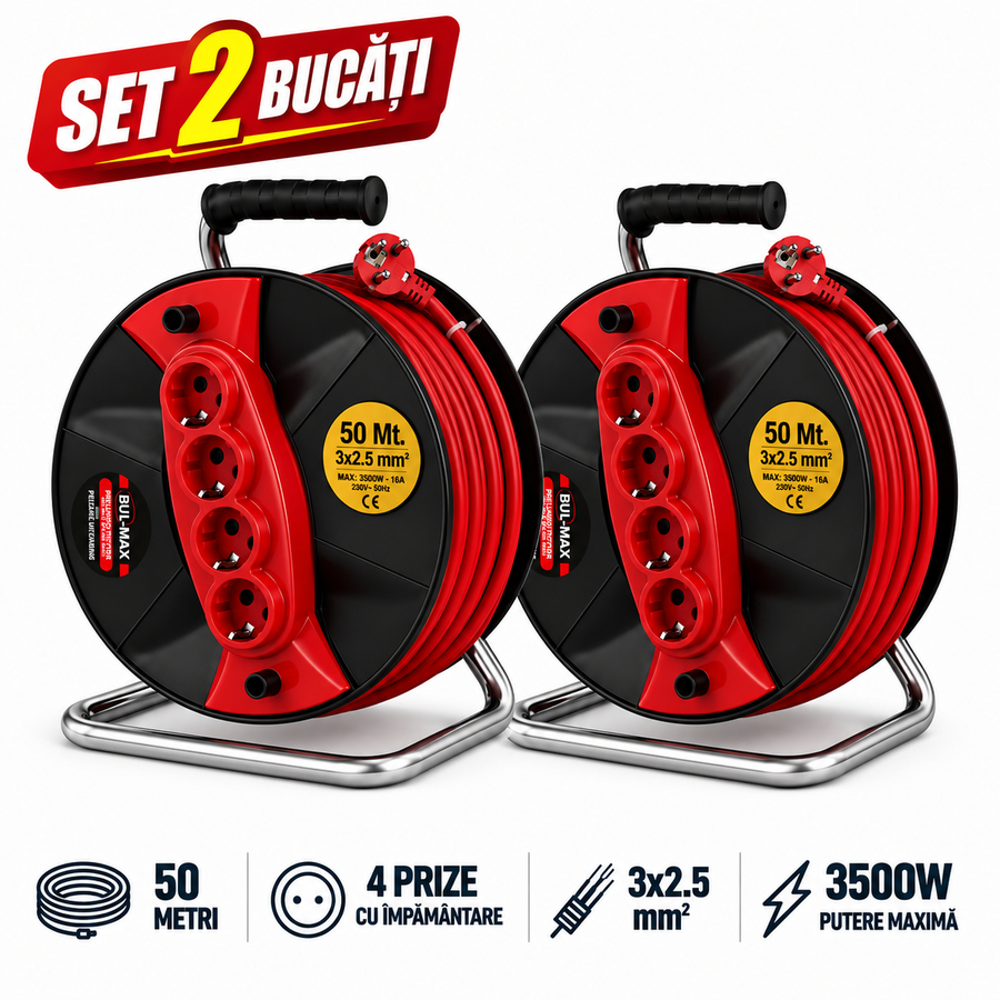 Set 2 x Prelungitor pe Tambur 50m 3x2.5 mm², 4 Prize, 3500W, Profesional, BUL-MAX BMX1388