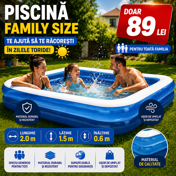 Piscină gonflabilă Family Size – 197 × 143 × 49 cm | Capacitate 425 L