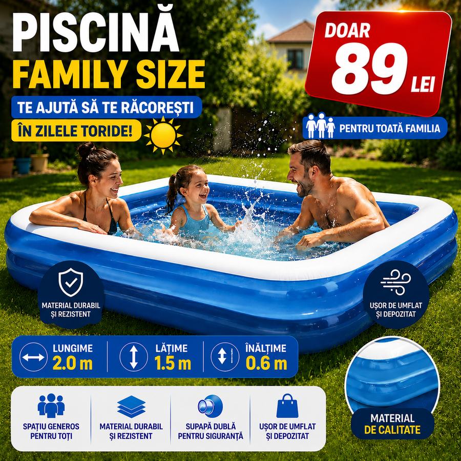 Piscină gonflabilă Family Size – 197 × 143 × 49 cm | Capacitate 425 L