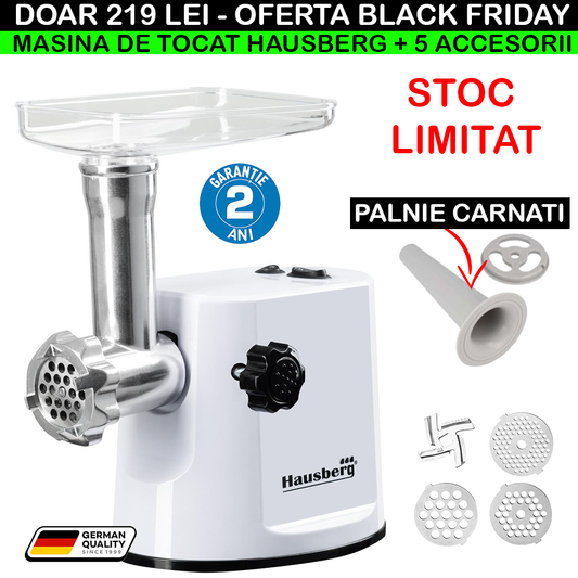 Mașină de tocat carne Hausberg HB-3415AB, 3 site din inox, accesorii pentru cârnați și kebbe, alb