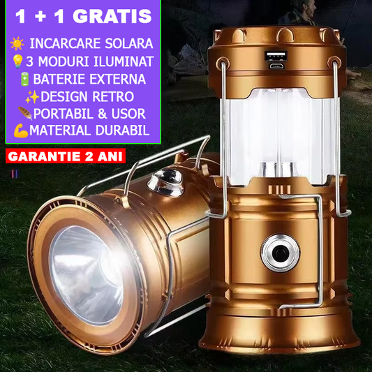 1+1 GRATIS: Lampa tip felinar MagicMist cu incarcare SOLARA si funcție de BATERIE EXTERNA