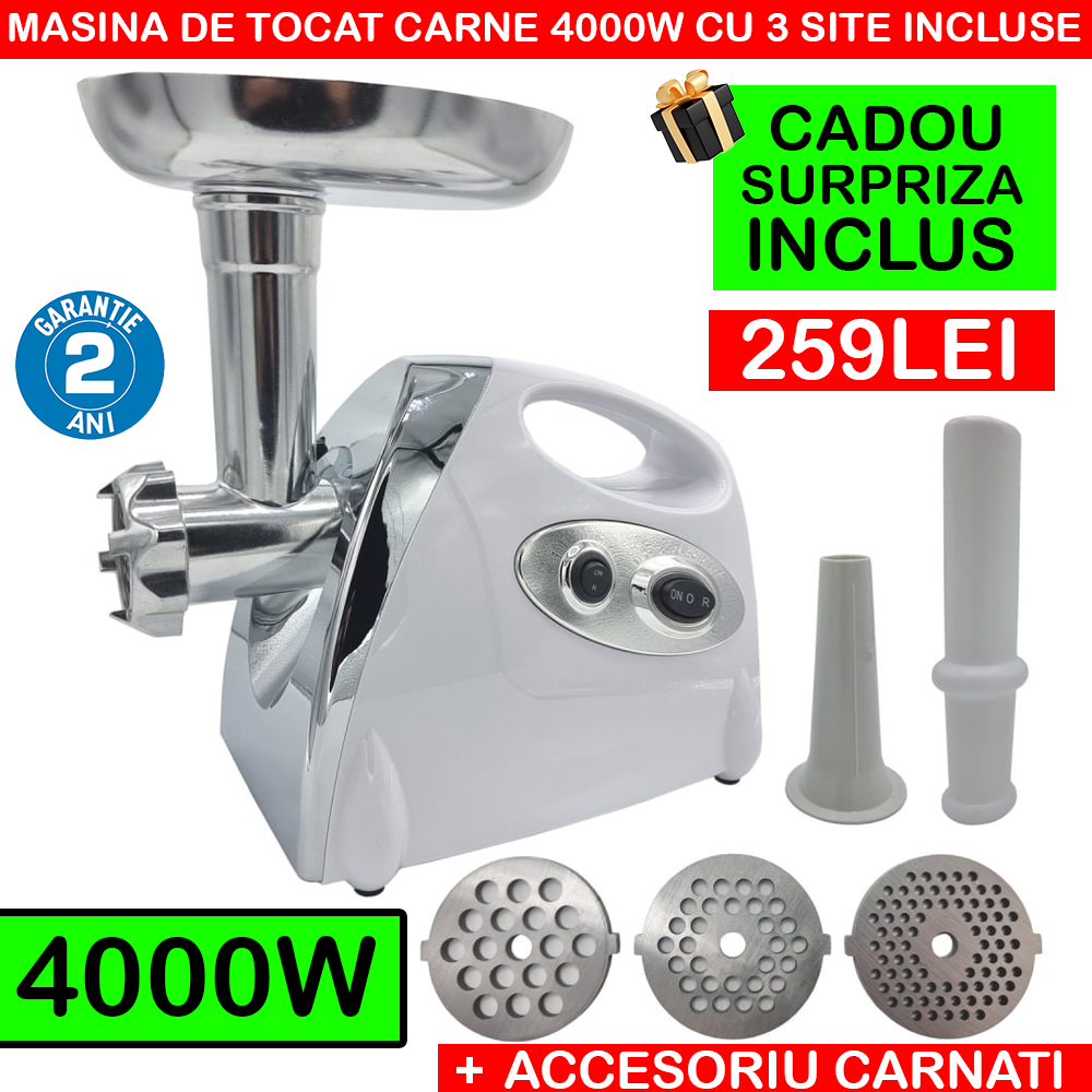 Masina electrica de tocat carne 4000W, 3 site + CADOU accesoriu cârnați + CADOU SURPRIZA