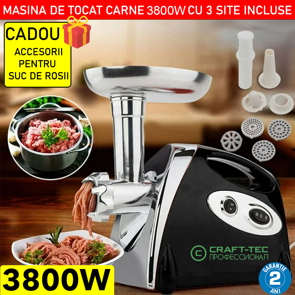 Masina electrica de tocat carne Craft-Tec, 3800W, 3 site + CADOU accesorii pentru suc de rosii