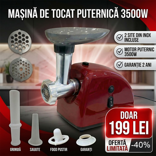 Masina electrica de tocat carne HOLZ, putere 3500W cu 2 site incluse si funcție REVERSE