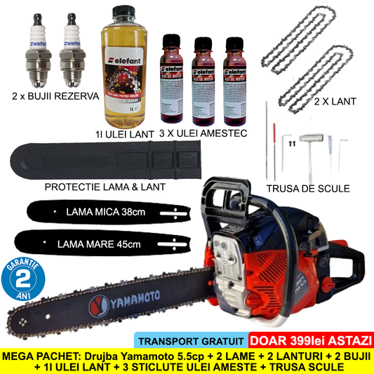 Pachet PROMO: Drujba pe benzina Yamamoto 5.5cp + 2 lame + 2 lanturi + 2 bujii + ulei lant + 3 sticlute ulei amestec