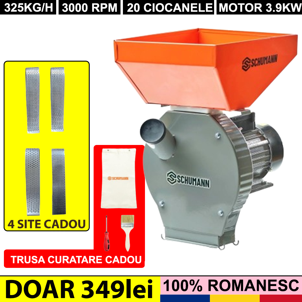 Moara Electrica 2in1 Schumann cu motor 3,9KW pentru cereale si stiuleti, 20 ciocanele, 4 site CADOU si capacitate de 325kg/h