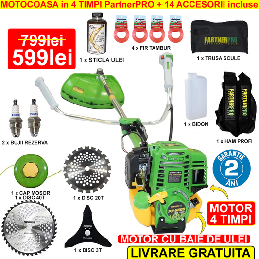 Pachet PROMO: Motocoasa pe benzina in 4 TIMPI PartnerPRO cu 14 ACCESORII incluse de 5.6cp, 10.000 ROT/MIN