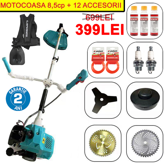 PACHET cu 12 ACCESORII: Motocoasa Campion de 8,5cp cu tija EXTENSIBILA + 12 accesorii CADOU