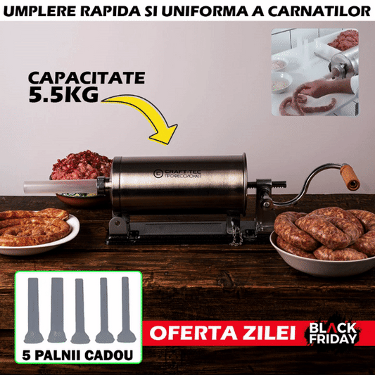 Aparat orizontal de facut (umplut) carnati Craft Tec, 5.5 kg, inox, 5 palnii incluse, talpa metalica