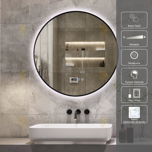 Oglinda LED Odin Rotunda 70cm Rama Neagra, Ceas, Temperatura, Touch si 3 Lumini OD010T/BK