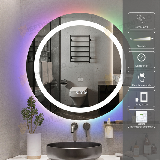 Oglinda LED Odin RGB Rotunda 70cm, 3 Lumini, Dezaburire si Touch OD013-RGB