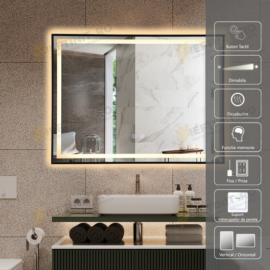 Oglinda LED Odin 80x60cm Rama Neagra, Senzor, Dezaburire, 3 Lumini, OD033/N