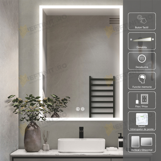 Oglinda Baie Odin LED 60×80 cm, Dezaburire, Touch, 3 Tipuri de Lumina, Dimabila OD035