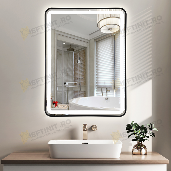 Oglinda LED Odin 60x80cm Rama Neagra, 3 Lumini, Dezaburire si Touch OD039/N