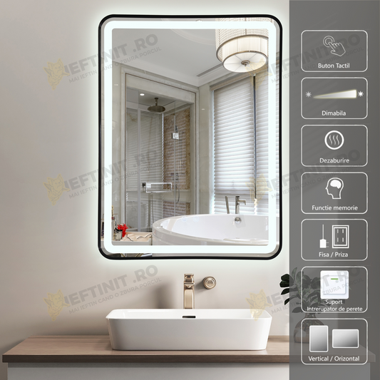 Oglinda LED Odin 60x80cm Rama Neagra, 3 Lumini, Dezaburire si Touch OD039/N