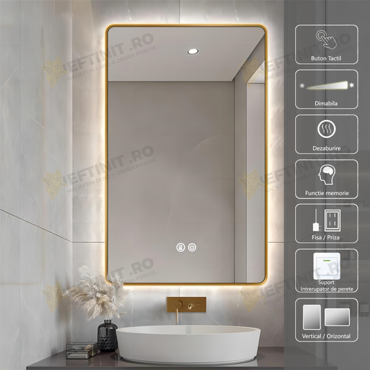 Oglinda LED Odin 60x80cm Rama Aurie, 3 Lumini, Dezaburire si Touch OD041/G