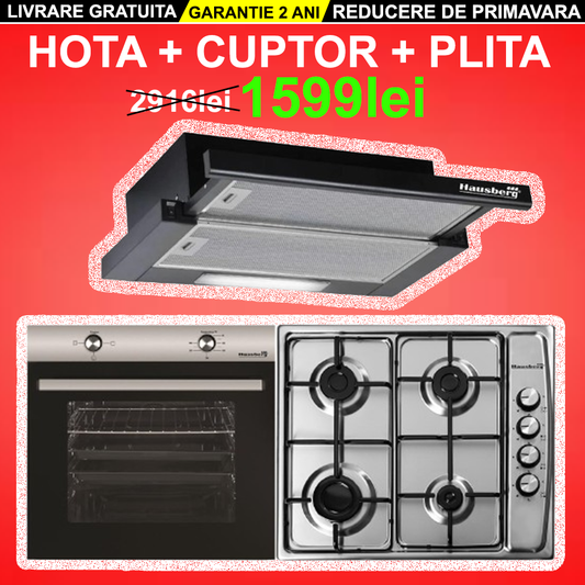 Pachet incorporabil Hausberg Cuptor electric HB-8051IN, Clasa A, 76L, 2000W, Negru/Inox Plita Incorporabila HB-555, 4 arzatoare, Gaz, Inox, Hota incorporabila telescopica HB-1285NG, Putere de absorbtie 420 m3/h, 2 motoare, 60 cm, Negru