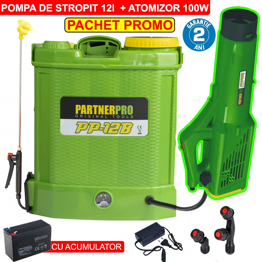 PACHET PROMO: Pompa de stropit de 12l cu ACUMULATOR + ATOMIZOR Electric Portabil de 100W