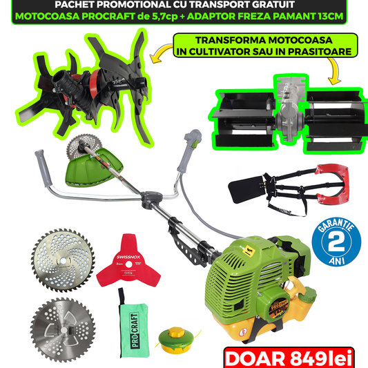 MEGA PACHET: Motocoasa pe benzina ProCraft T4200 PRO de 5,7CP + ADAPTOR FREZA PAMANT de 13cm + ADAPTOR Cultivator