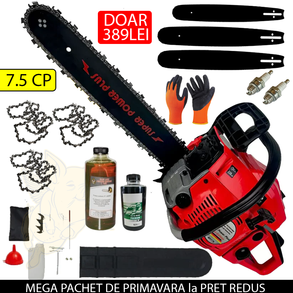 MEGA PACHET: Drujba Profi Tec Super POWER Plus 7.5CP + 3 lame + 3 lanturi + 2 bujii + 1l Ulei Lant + 0.5l Ulei Amestec + trusa scule + CADOU manusi de lucru