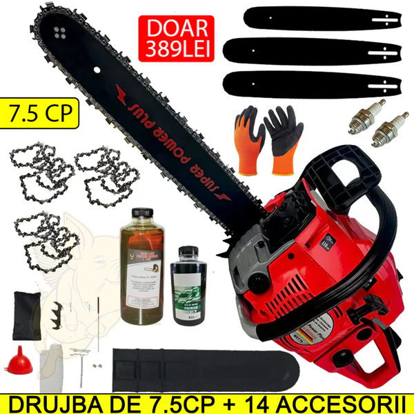 MEGA PACHET: Drujba Profi Tec Super POWER Plus 7.5CP + 3 lame + 3 lanturi + 2 bujii + 1l Ulei Lant + 0.5l Ulei Amestec + trusa scule + CADOU manusi de lucru