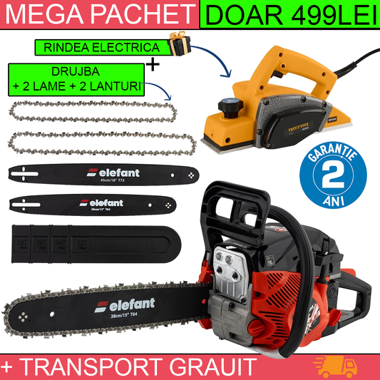 MEGA Pachet: Drujba pe benzina ELEFANT EM-5.5 + Rindea electrica ROTOR REP550 cu 15000 ROT/MIN