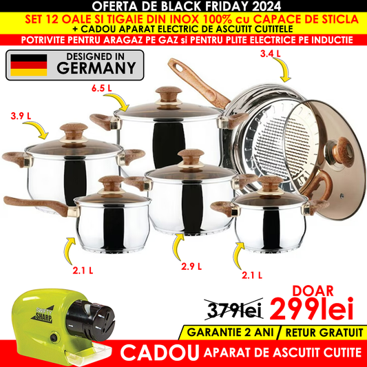 Set oale si tigaie inox 12 piese cu capace de sticla si maner imitatie lemn + CADOU aparat de ascutit cutite