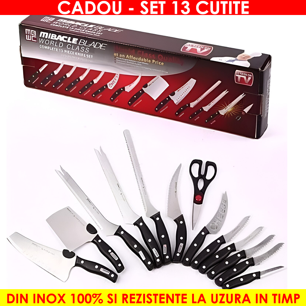 Set oale si tigaie inox 12 piese cu capace de sticla si maner imitatie lemn + CADOU set 13 cutite Miracle Blade