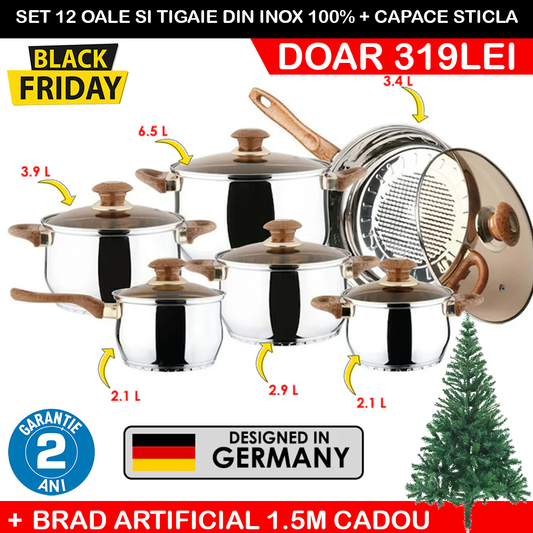 Set oale si tigaie inox 12 piese cu capace de sticla si maner imitatie lemn + CADOU Brad Artificial 1.5m