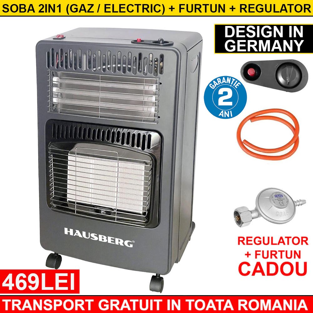 Pachet PROMO: Soba 2in1 pe GAZ si ELECTRICA de 4,20 KW cu 3 trepte de putere + CADOU Regulator GPL si Furtul GPL
