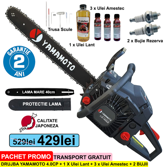 Pachet PROMO: Drujba pe benzina Yamamoto Japan 4CP + 2 bujii + 1 sticla ulei lant + 1 sticla ulei amestec + Trusa Scule